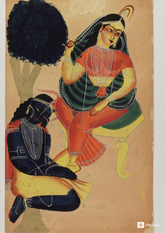 Krishna Serving Radha – Kalighat Painting Reprint (A3 Poster)