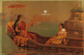 Vintage-style painting of two women in a boat on calm water, one playing a stringed instrument under a parasol. The scene has warm golden-brown tones with a rocky shoreline and distant hills.
Tara Devi - Raja Ravi Varma Puranic Painting (16 × 24 in Poster)