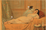 Vintage oil painting depicting a woman reclining on an ornate bed, with another figure standing beside her. The scene is rendered in warm golden, beige, and brown tones with patterned drapery and a small bedside table.