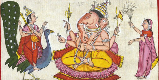 Vintage illustration of Ganesha seated cross-legged and goddess lakshmi on the right side and a female attendant fanning.