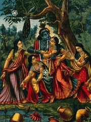 Krishna with Radha and Three Gopīs - Divine Play in the Forest Grove (18×24″ Poster)