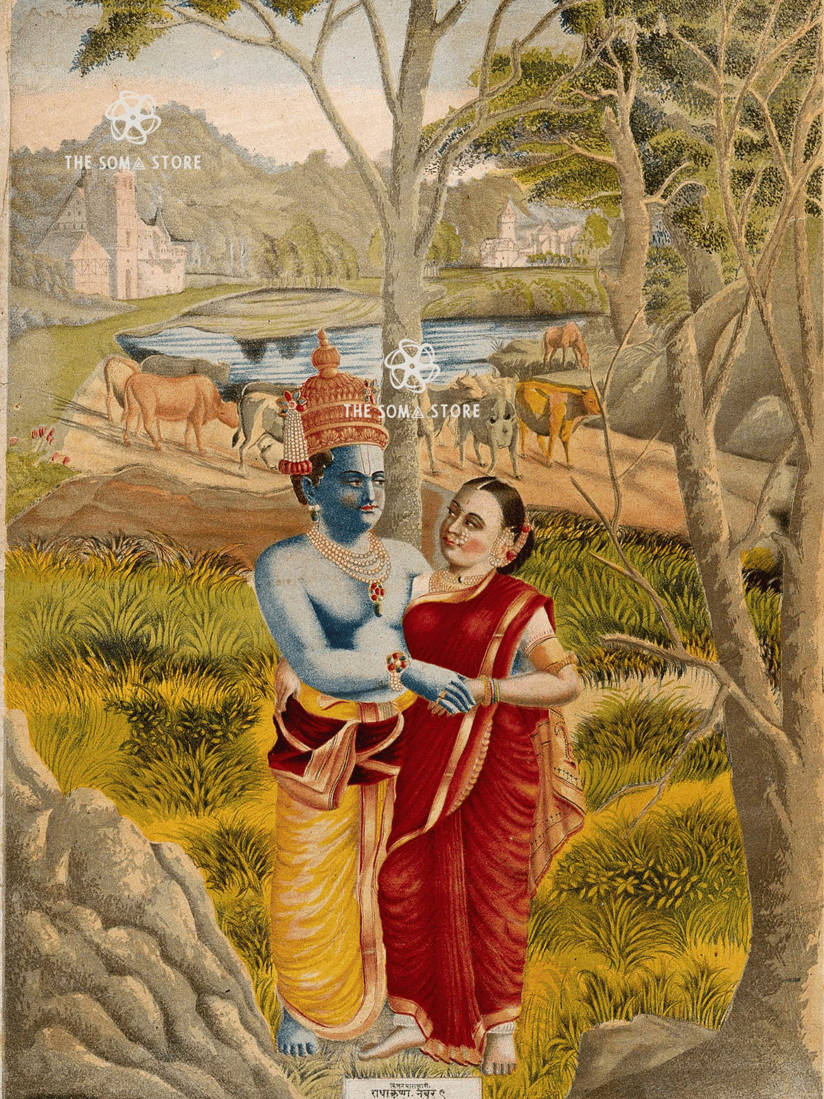 Rādhā and Krishna Embracing in the Countryside - Chromolithograph (18×24″ Poster)