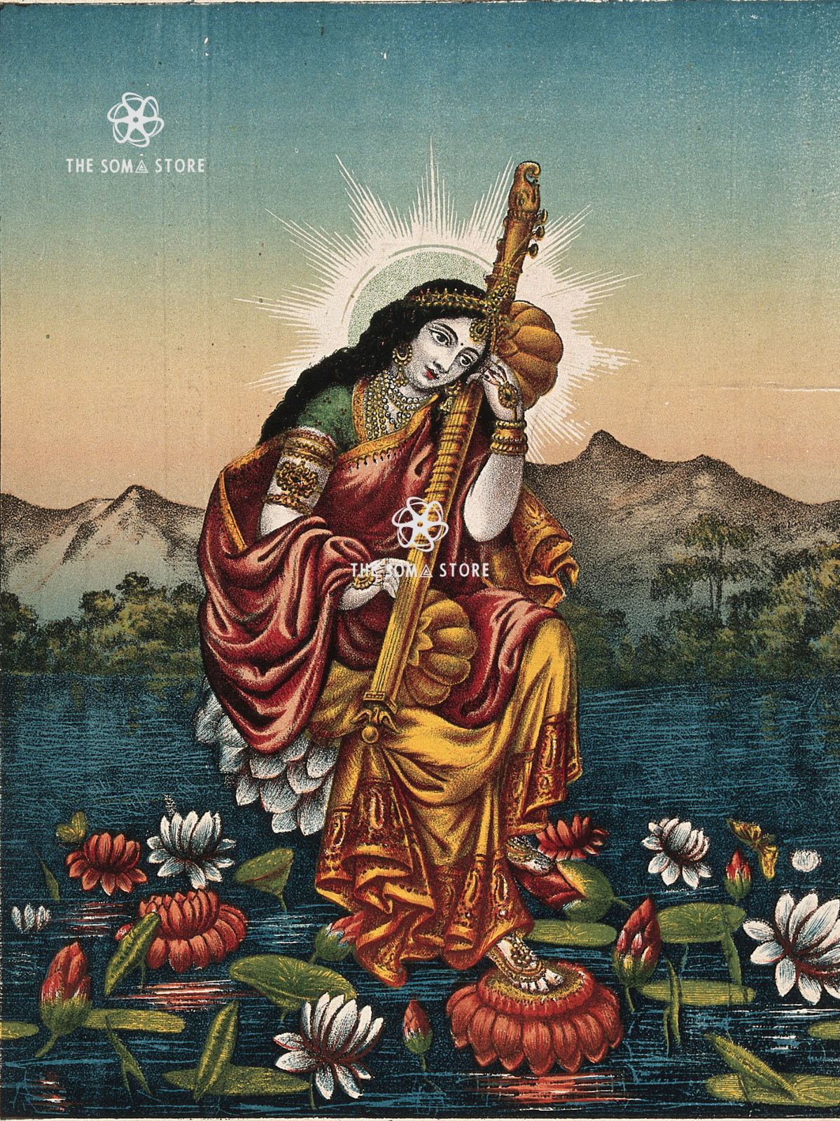 Saraswati with Veena – Goddess of Knowledge & Music | Vintage Chromolithograph Poster (18×24″)