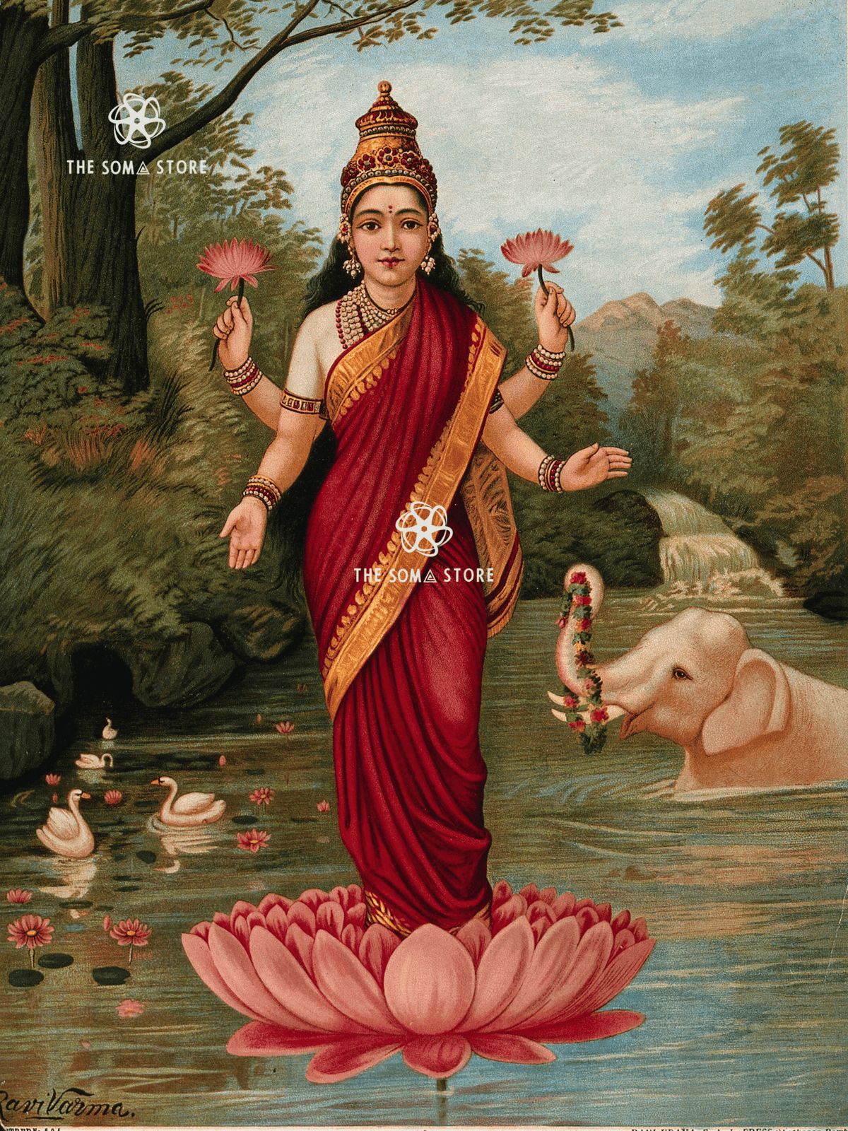 Goddess Lakshmi on Lotus - Vintage Ravi Varma Chromolithograph Poster (18×24″)