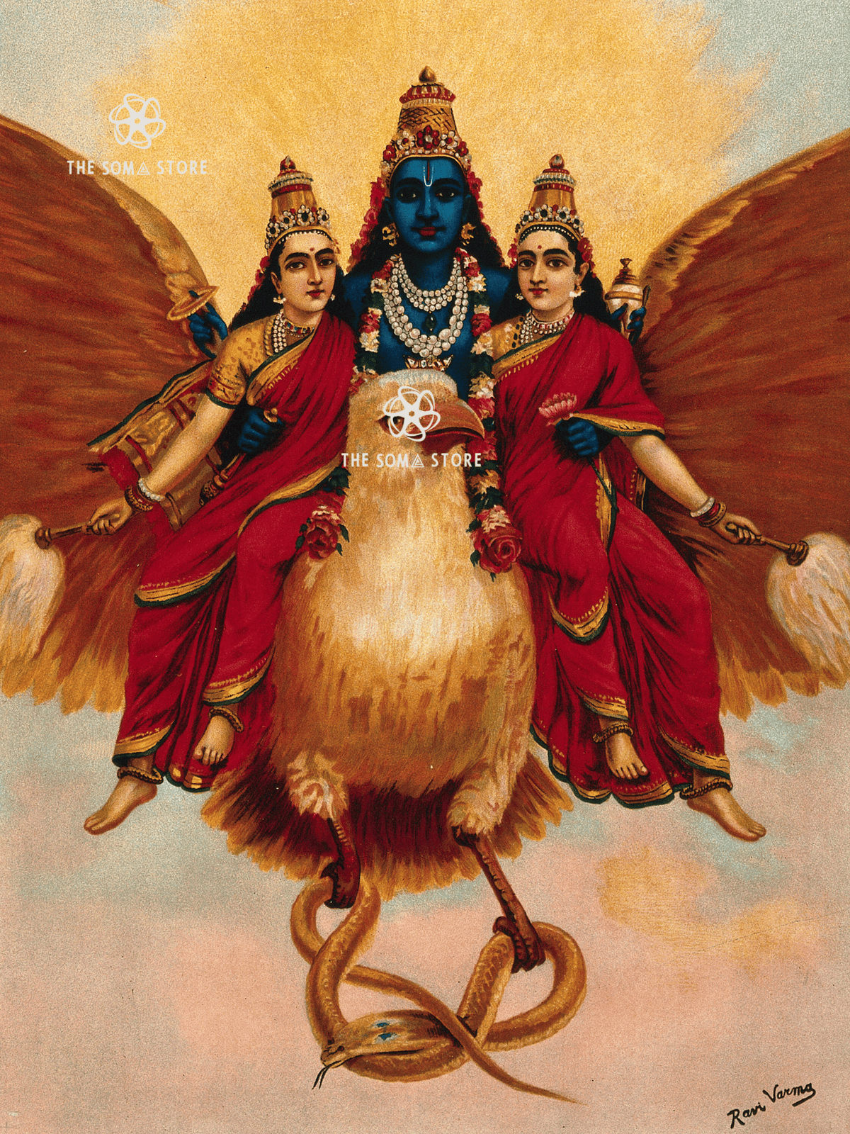 Vishnu with Śrī and Bhū Devī on Garuḍa - The Preserver in Celestial Flight (18 × 24 in Poster)