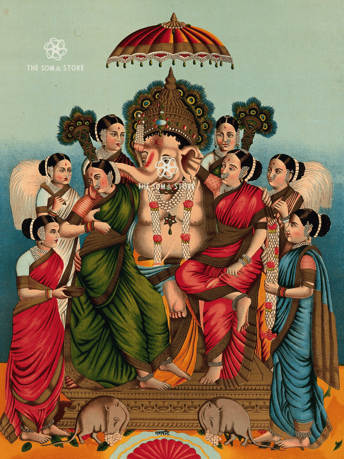 Gaṇeśa with Siddhi & Buddhi - Lord of Wisdom and Fulfillment (18 × 24 in Poster)