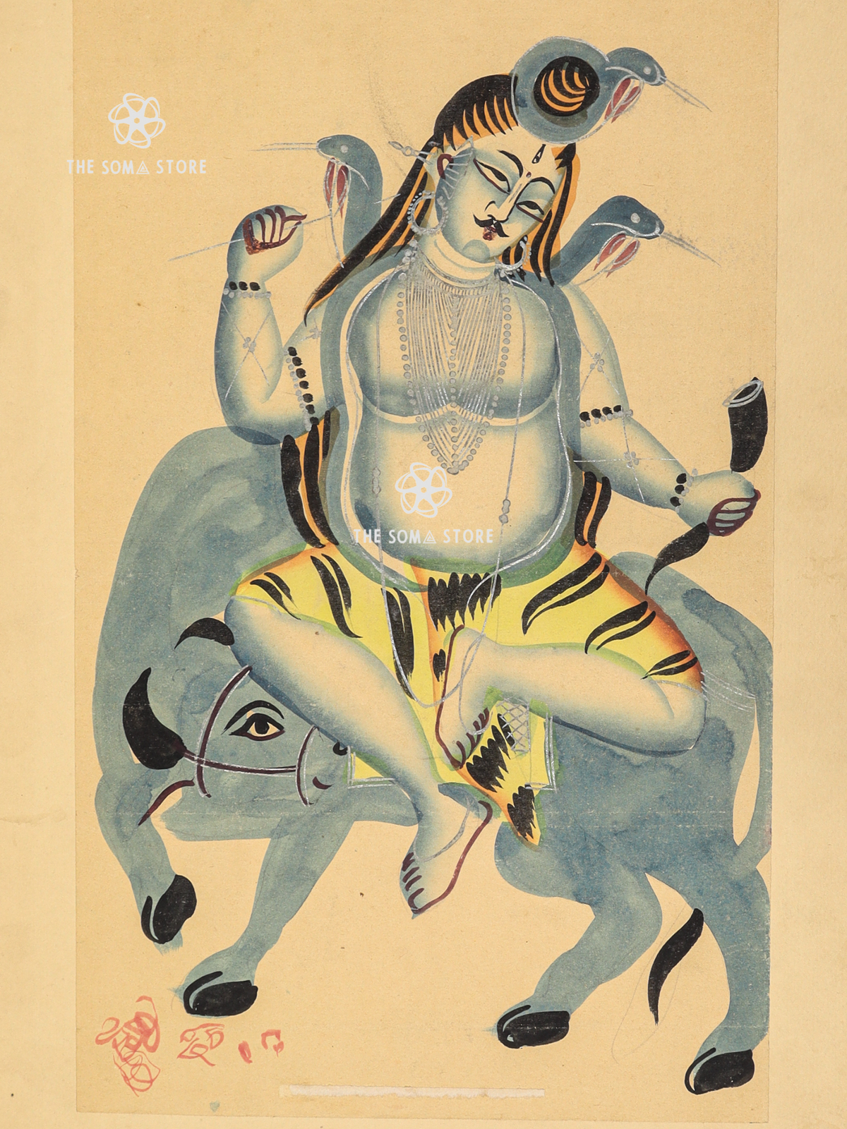 Shiva on Nandi - The Ascetic Lord in Kalighat Style (18 × 24 in Poster)
