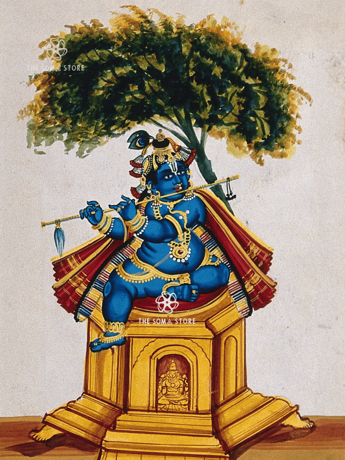 Krishna Seated Above the Temple - Divine Music of the Cowherd God (18 × 24 in Poster)