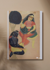 Krishna Serving Radha – Kalighat Painting Reprint (A3 Poster)