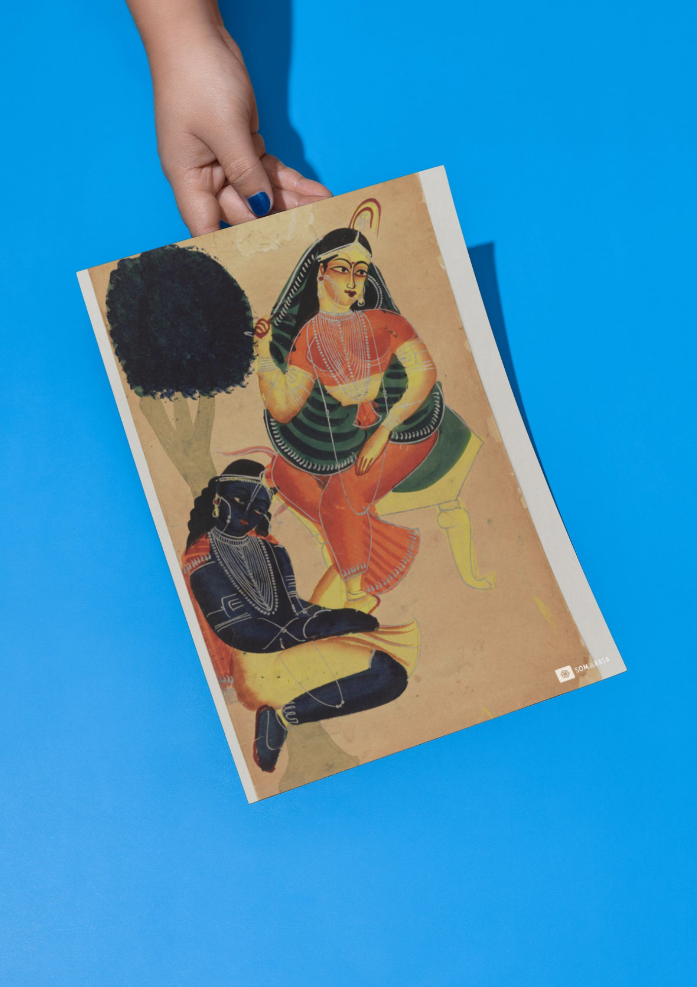 Krishna Serving Radha – Kalighat Painting Reprint (A3 Poster)
