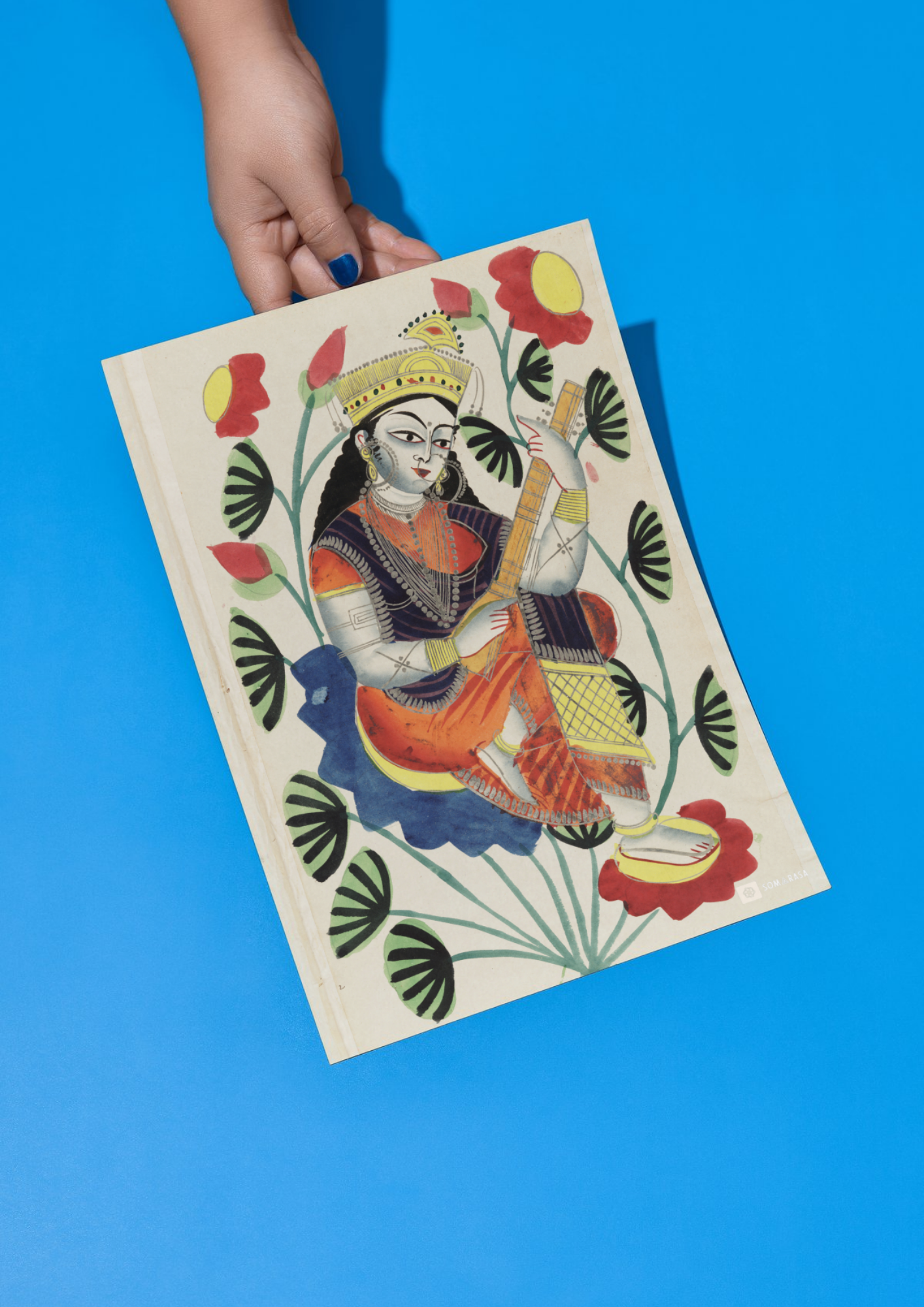 Saraswati on Lotus – Kalighat Painting Reprint (A3 Poster)