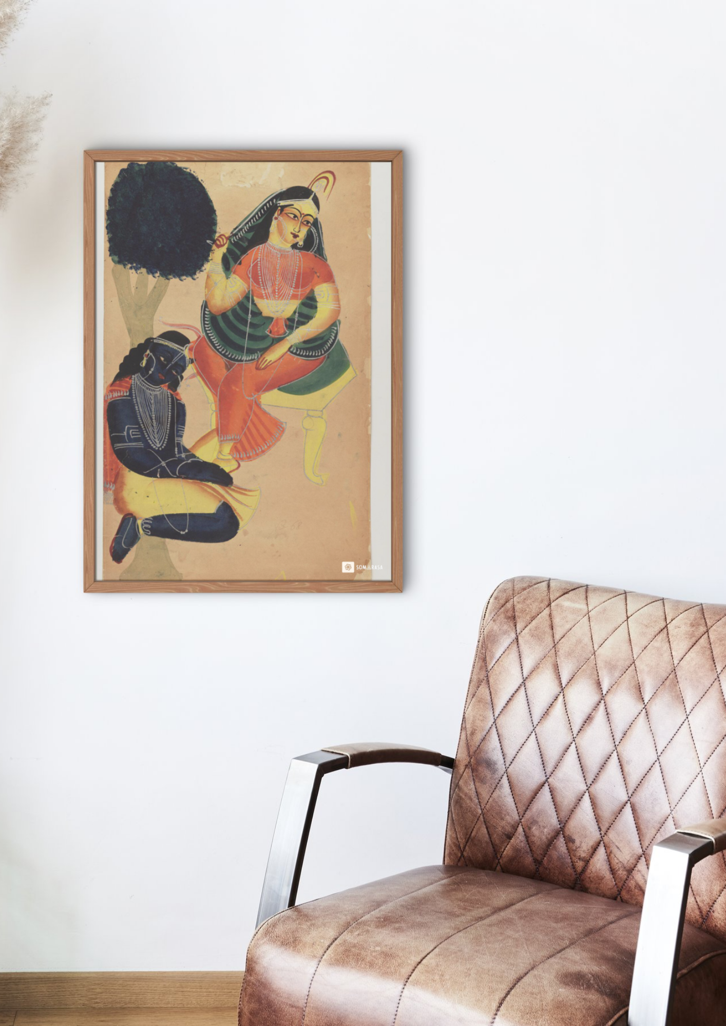 Krishna Serving Radha – Kalighat Painting Reprint (A3 Poster)