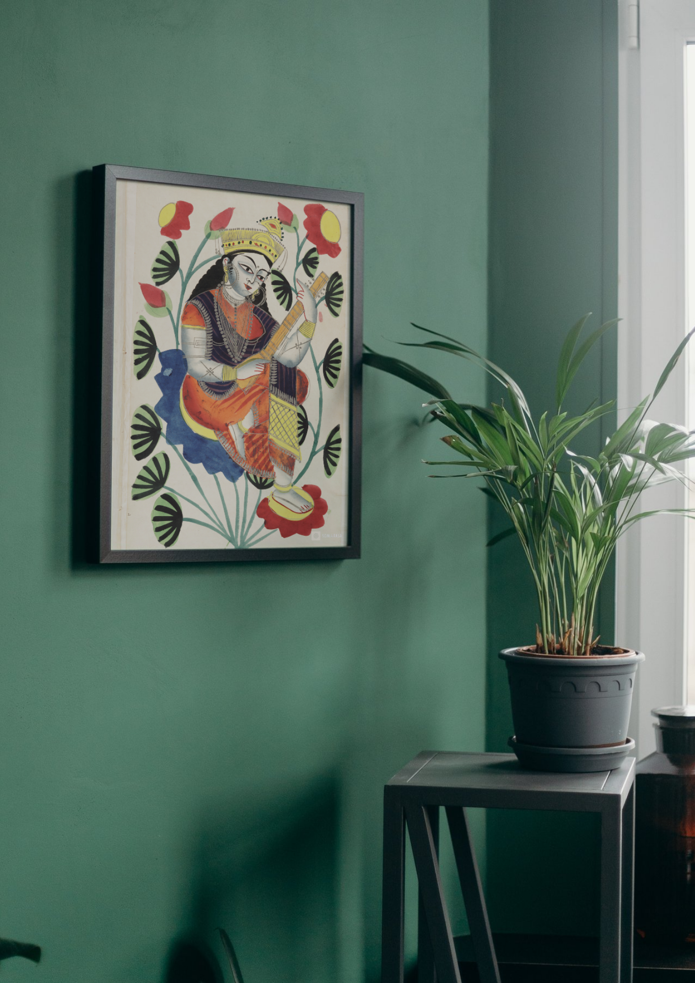 Saraswati on Lotus – Kalighat Painting Reprint (A3 Poster)