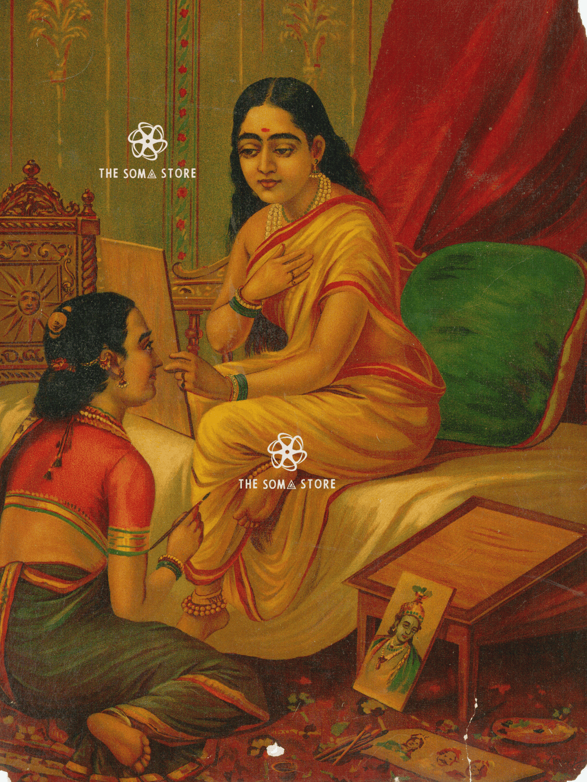 Chitralekha and Usha - Raja Ravi Varma Mythological Painting (18 × 24 in Poster)