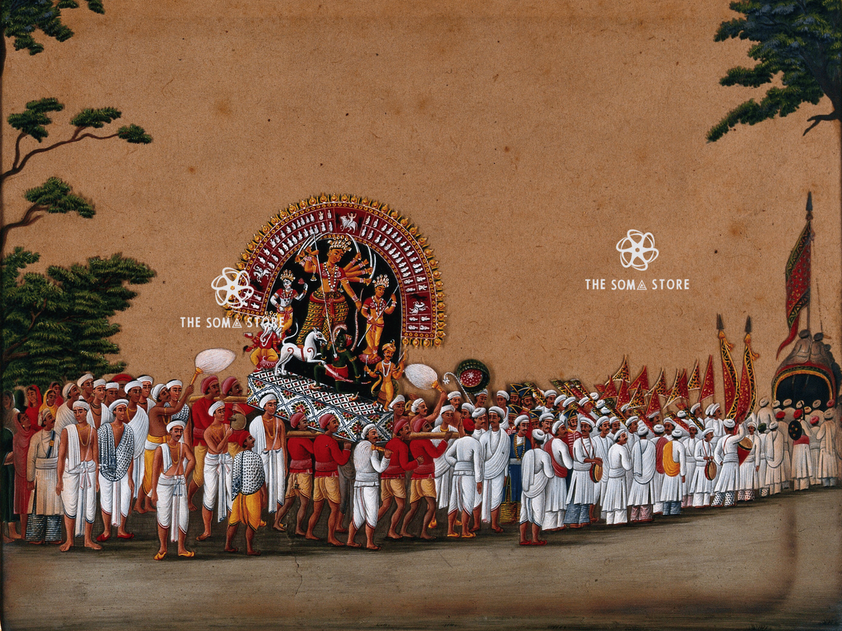 Durga Puja Procession - Bengal Puranic Painting (18 × 24 in Poster)