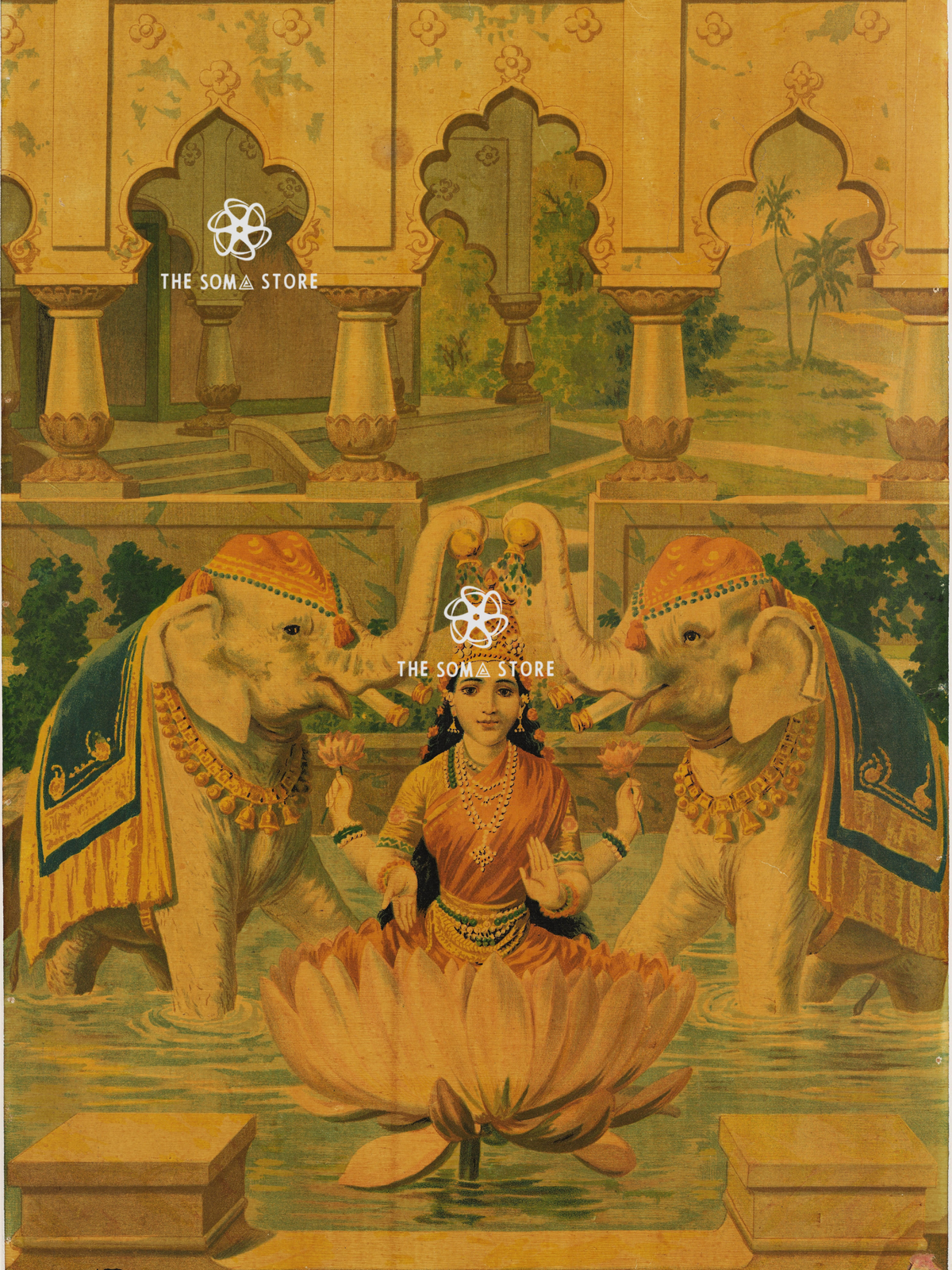 Vintage-style illustrated print depicting a seated woman on a lotus in water, flanked by two decorated elephants under arches, with 'THE SOMA STORE' watermark text visible.

Gaja Gauri - Raja Ravi Varma Puranic Painting (18 × 24 in Poster)
