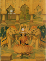 Vintage-style illustrated print depicting a seated woman on a lotus in water, flanked by two decorated elephants under arches, with 'THE SOMA STORE' watermark text visible.

Gaja Gauri - Raja Ravi Varma Puranic Painting (18 × 24 in Poster)