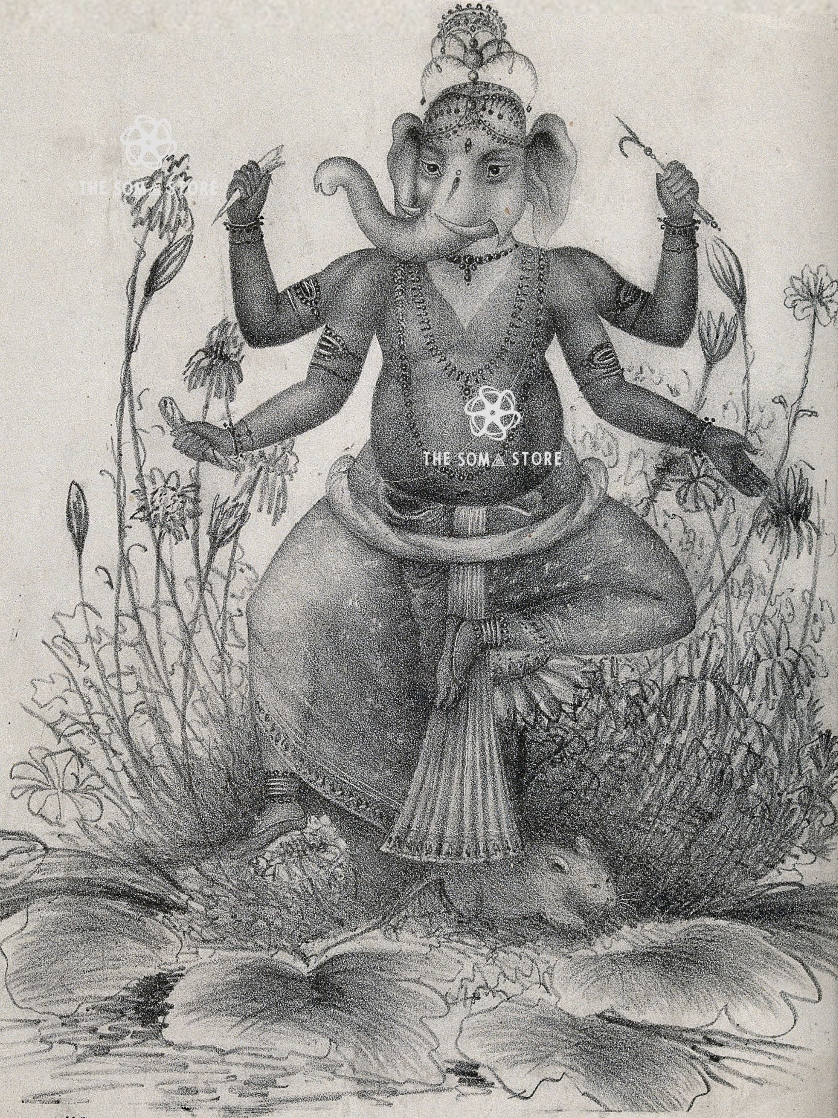 Ganesha with His Mount - Vintage Lithograph Puranic Print (18 × 24 in Poster)