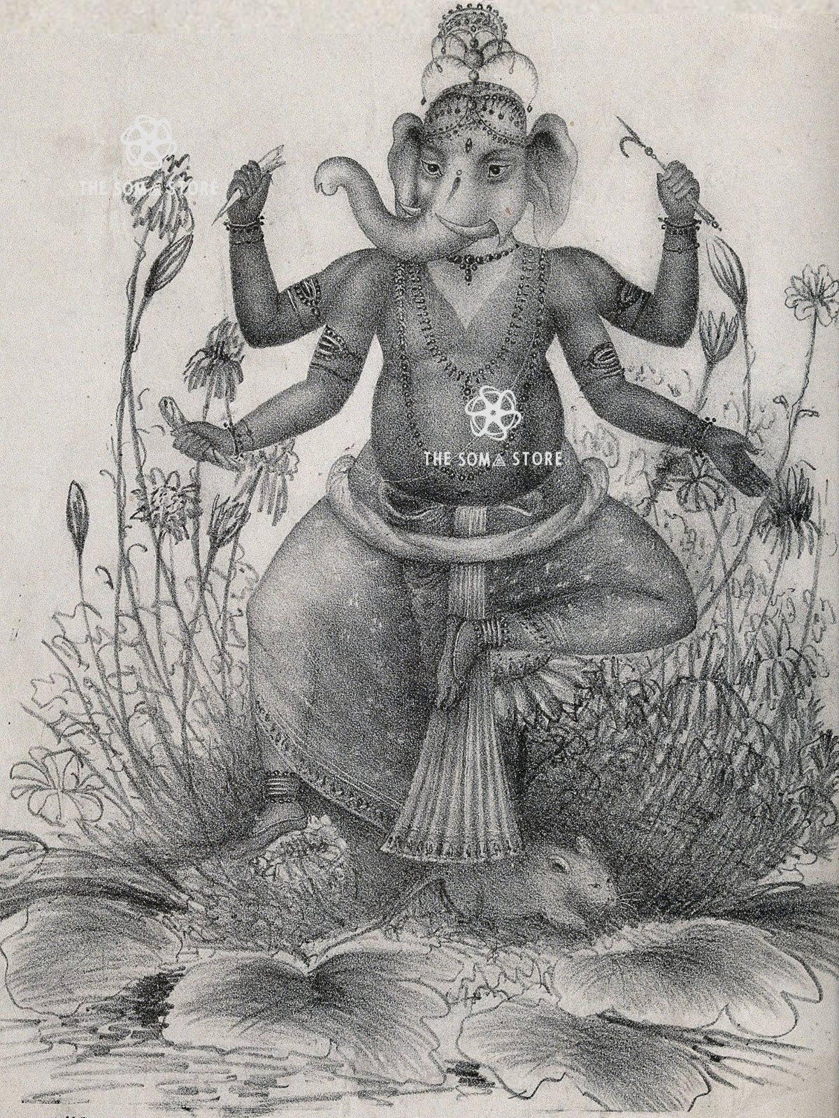 Ganesha with His Mount - Vintage Lithograph Puranic Print (18 × 24 in Poster)