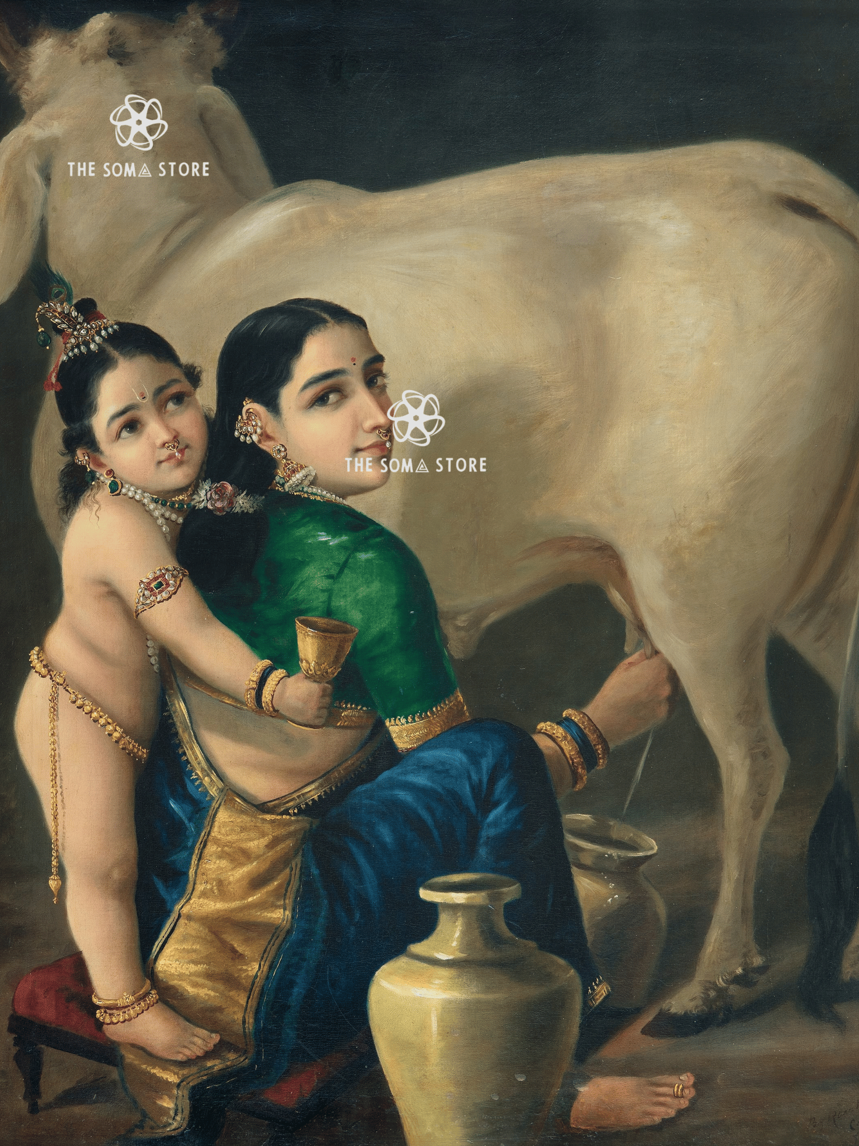 Krishna Begging for Milk - Yashoda in the Cowherd’s Courtyard (18 × 24 in Poster)