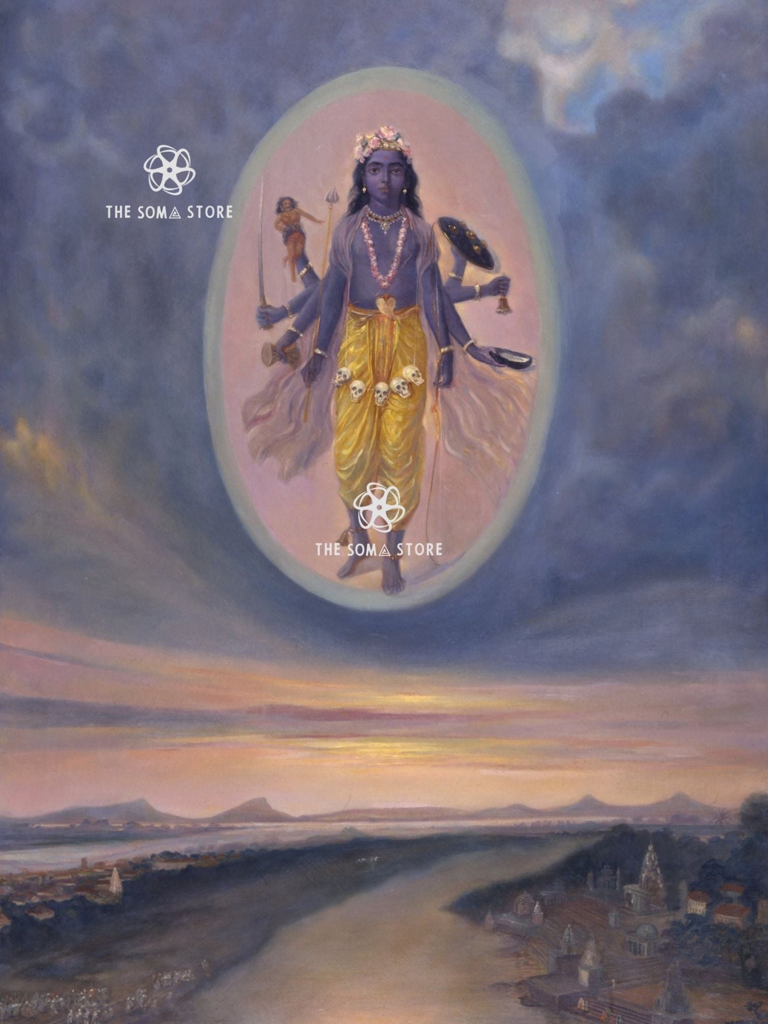 The Goddess Kali above Triveni Sangam - M.V. Dhurandhar Puranic Painting (18 × 24 in Poster)