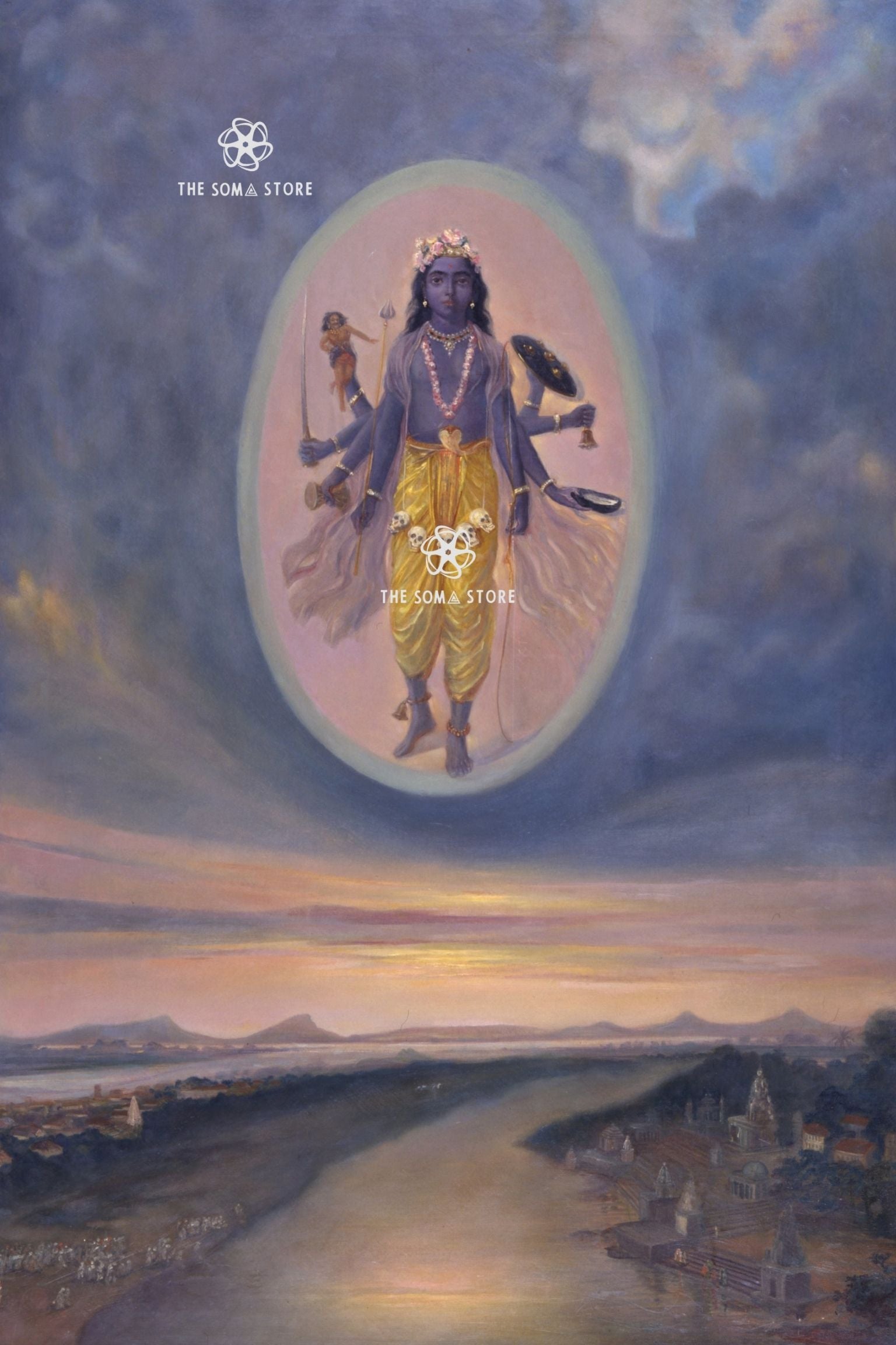 The Goddess Kali above Triveni Sangam - M.V. Dhurandhar Puranic Painting (18 × 24 in Poster)