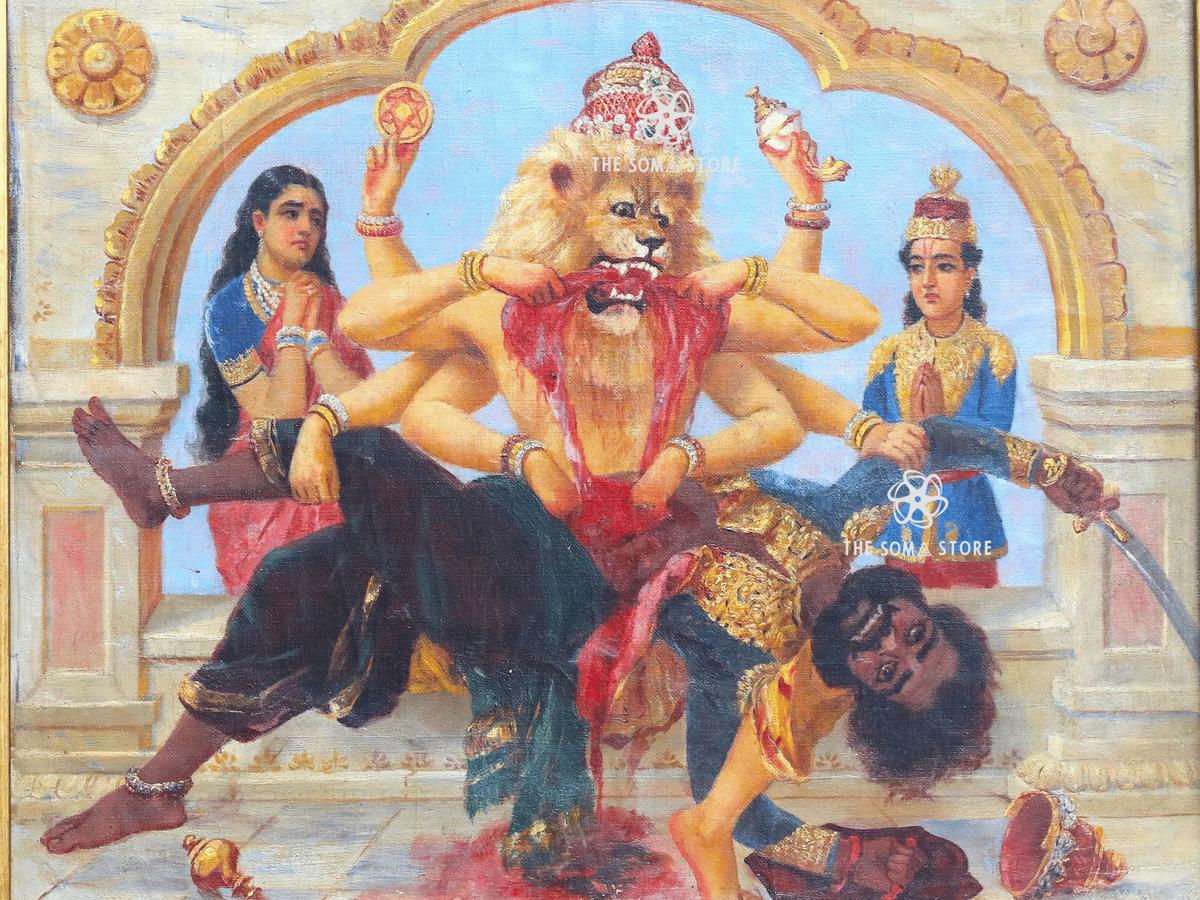 A colorful painting depicting a multi-armed lion-like figure in red garments, surrounded by two women and two fallen figures, set within an ornate golden archway scene.

Narasimha - Raja Ravi Varma Puranic Painting (18 × 24 in Poster)