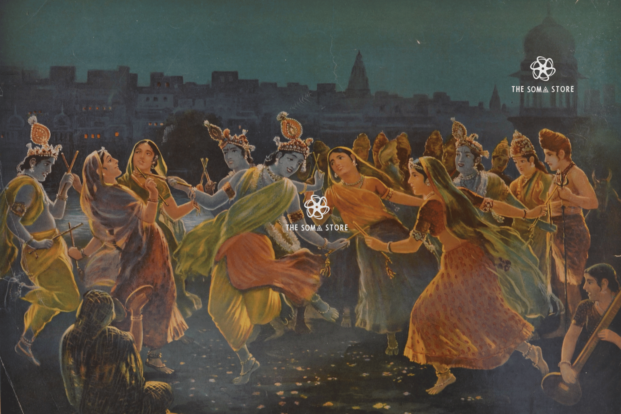 A vintage-style painting depicting a nighttime street scene with a crowd of people dancing and playing music in front of a city skyline. The artwork uses dark teal, brown, and warm golden-orange tones, with visible 'THE SONG & STORE' watermark text and logo overlaid on the image.

On the Banks of the Jumna - M.V. Dhurandhar Puranic Painting (16 × 24 in Poster)