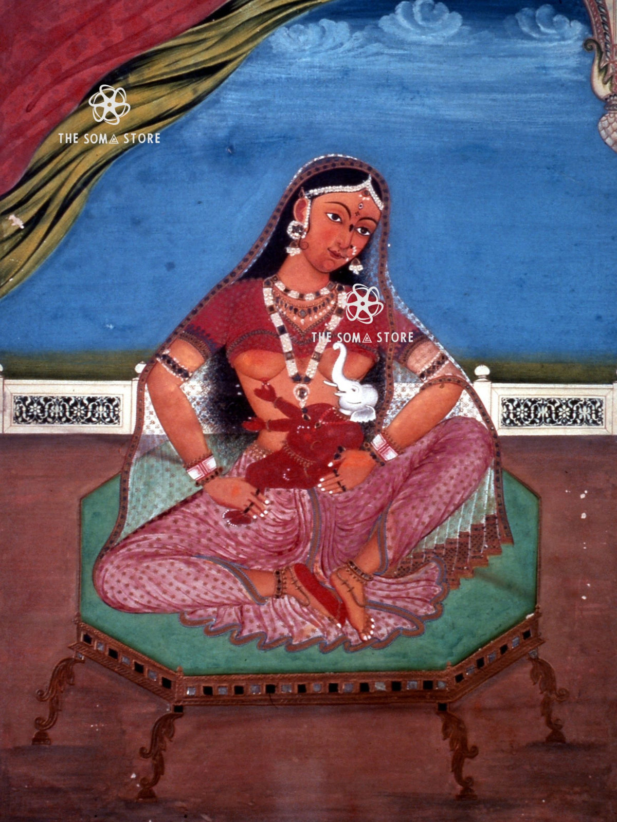 Parvati and Ganesha - Jaipur Miniature Puranic Painting (18 × 24 in Poster)