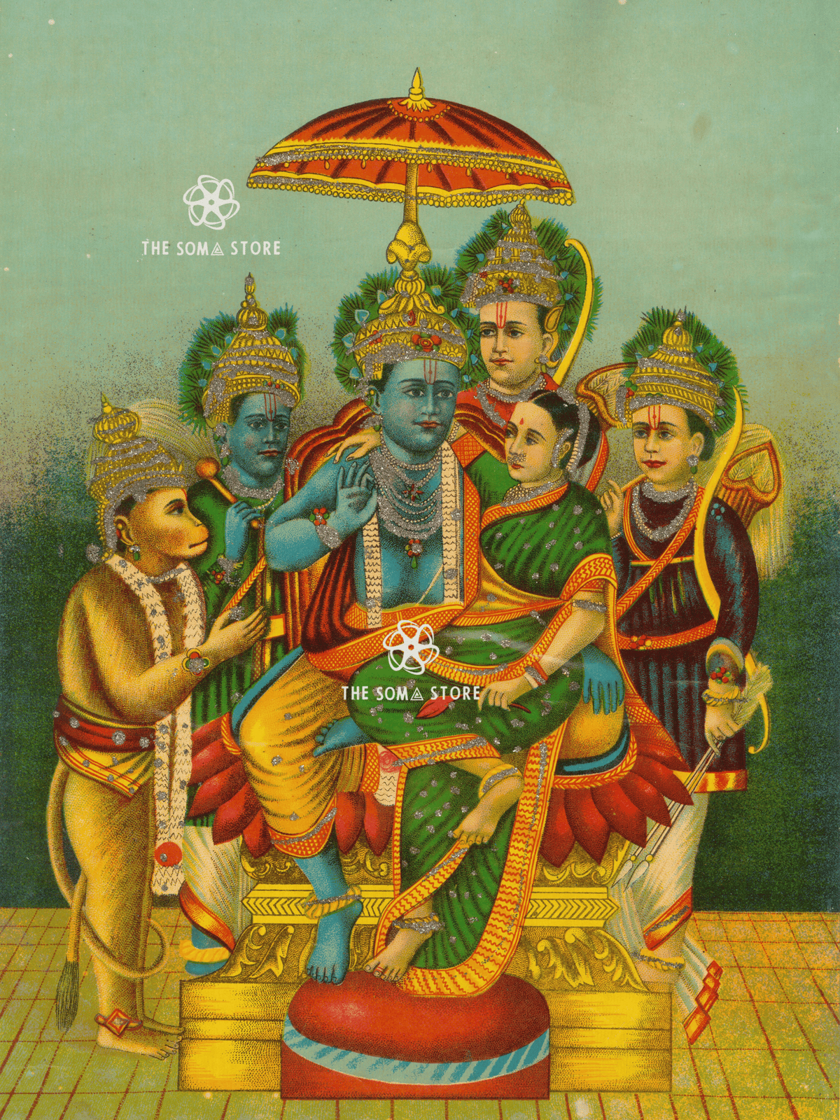 Ram Panchayatan Embellished - Silver-Glitter Puranic Painting (18 × 24 in Poster)