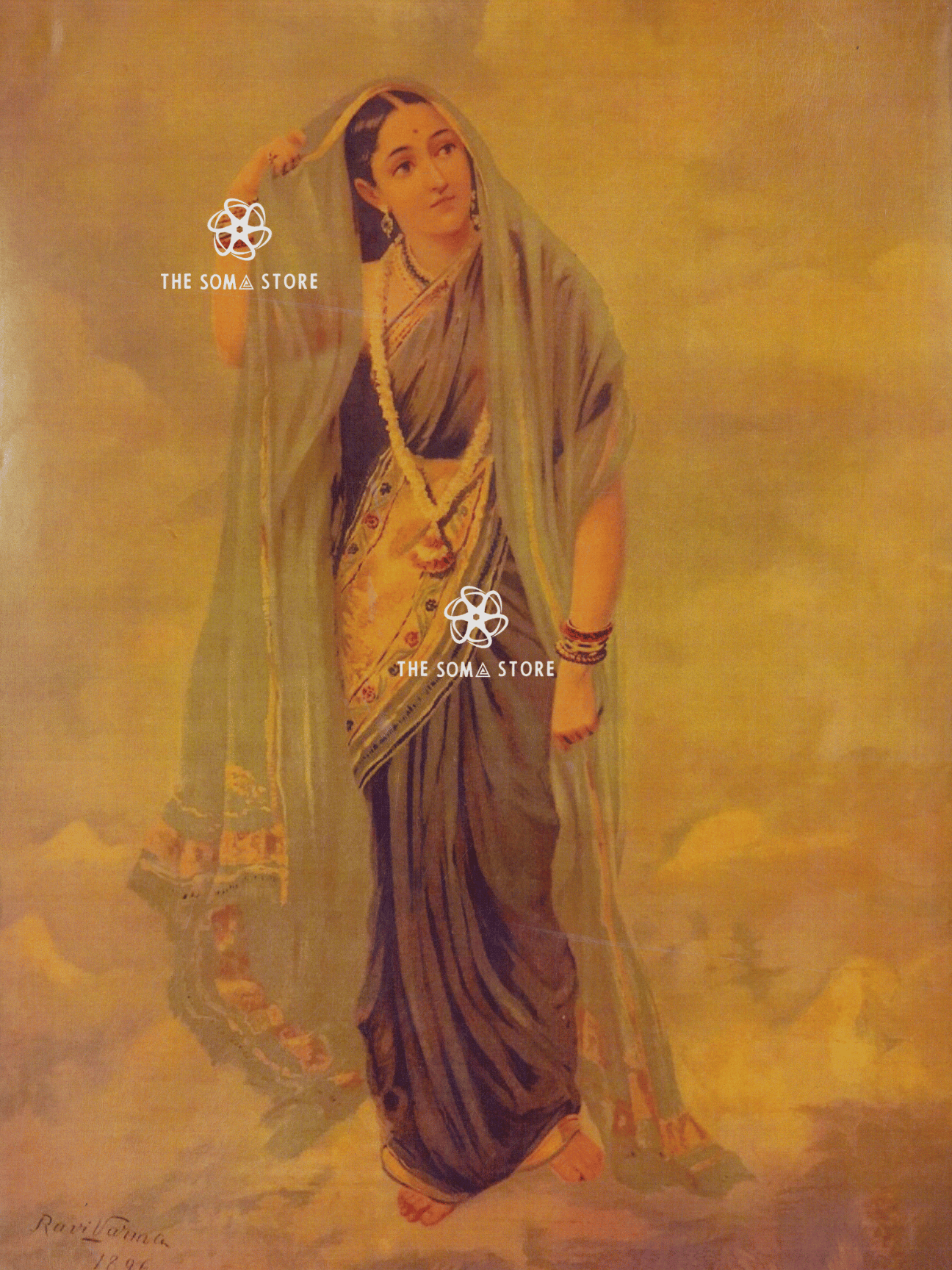 A classical painting of a woman in a sari, rendered in warm golden and brown tones. She wears a dark gray-brown sari with a sheer greenish-gray veil and gold jewelry, standing against a soft golden background.

Rambha - Raja Ravi Varma Puranic Painting (18 × 24 in Poster)
