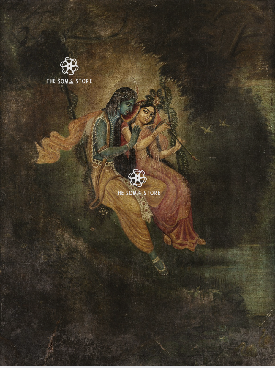 A dark, painterly artwork showing two figures embracing, with one in blue skin and the other in a pink dress, set against a shadowy brown and green background. White 'THE SOMA STORE' logos appear twice on the artwork.

Radha and Krishna - Krishnanagar School Puranic Painting (18 × 24 in Poster)
