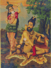 Vintage-style painting depicting a seated bearded man with a bird on his shoulder and a deer beside him, alongside a standing woman in a pink and green costume, set in a forest scene. Watermarks reading 'THE SOMA STORE' are visible across the artwork.

Shankar Bhilli - Raja Ravi Varma Puranic Painting (18 × 24 in Poster)