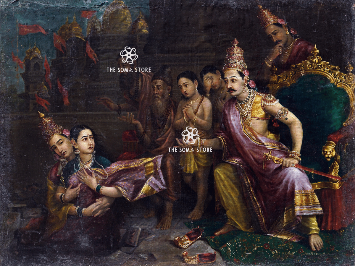 A classical painting depicting a royal court scene with several figures in ornate purple, gold, and green garments seated on a throne, with a dark architectural background and visible watermark text reading THE SOMA STORE.

Sita Bhumipravesh - Raja Ravi Varma Puranic Painting (18 × 24 in Poster)