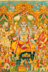 A colorful traditional Hindu religious painting depicting Lord Krishna seated in the center, surrounded by numerous celestial and earthly figures under ornate golden palaces and arches.

Sri Ramrajya Pattabhishekam - Puranic Coronation Painting (16 × 24 in Poster)