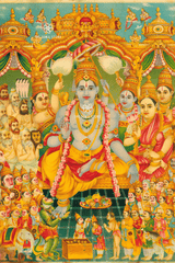 A colorful traditional Hindu religious painting depicting Lord Krishna seated in the center, surrounded by numerous celestial and earthly figures under ornate golden palaces and arches.

Sri Ramrajya Pattabhishekam - Puranic Coronation Painting (16 × 24 in Poster)