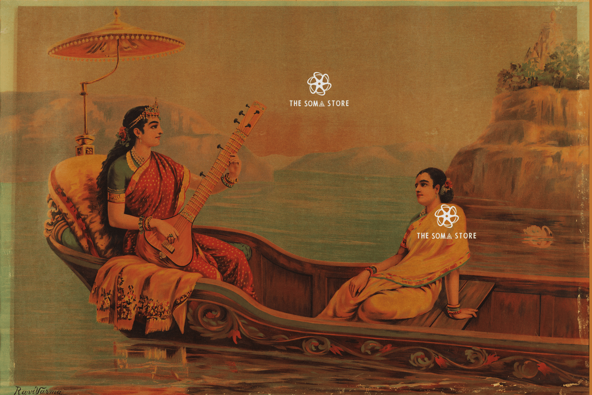 Vintage-style painting of two women in a boat on calm water, one playing a stringed instrument under a parasol. The scene has warm golden-brown tones with a rocky shoreline and distant hills.

Tara Devi - Raja Ravi Varma Puranic Painting (16 × 24 in Poster)