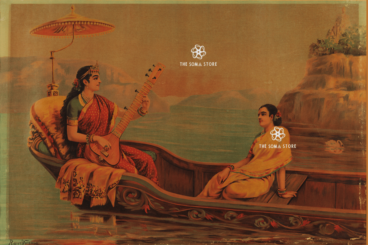 Vintage-style painting of two women in a boat on calm water, one playing a stringed instrument under a parasol. The scene has warm golden-brown tones with a rocky shoreline and distant hills.

Tara Devi - Raja Ravi Varma Puranic Painting (16 × 24 in Poster)