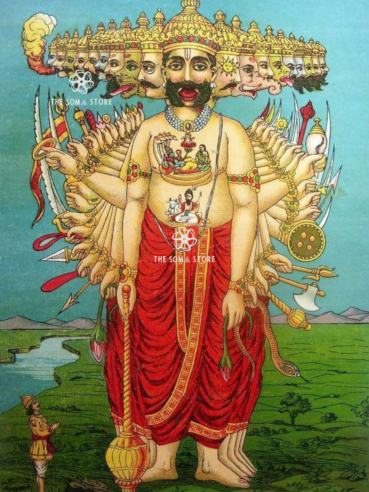 A colorful traditional illustration of a multi-armed Hindu deity standing in a landscape, with a river, hills, and a small figure at the lower left. The deity wears a red drape and a large ornate crown with many faces.

Vishwaroop (Virat Swaroop) - Puranic Painting (18 × 24 in Poster)