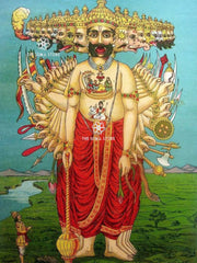 A colorful traditional illustration of a multi-armed Hindu deity standing in a landscape, with a river, hills, and a small figure at the lower left. The deity wears a red drape and a large ornate crown with many faces.

Vishwaroop (Virat Swaroop) - Puranic Painting (18 × 24 in Poster)