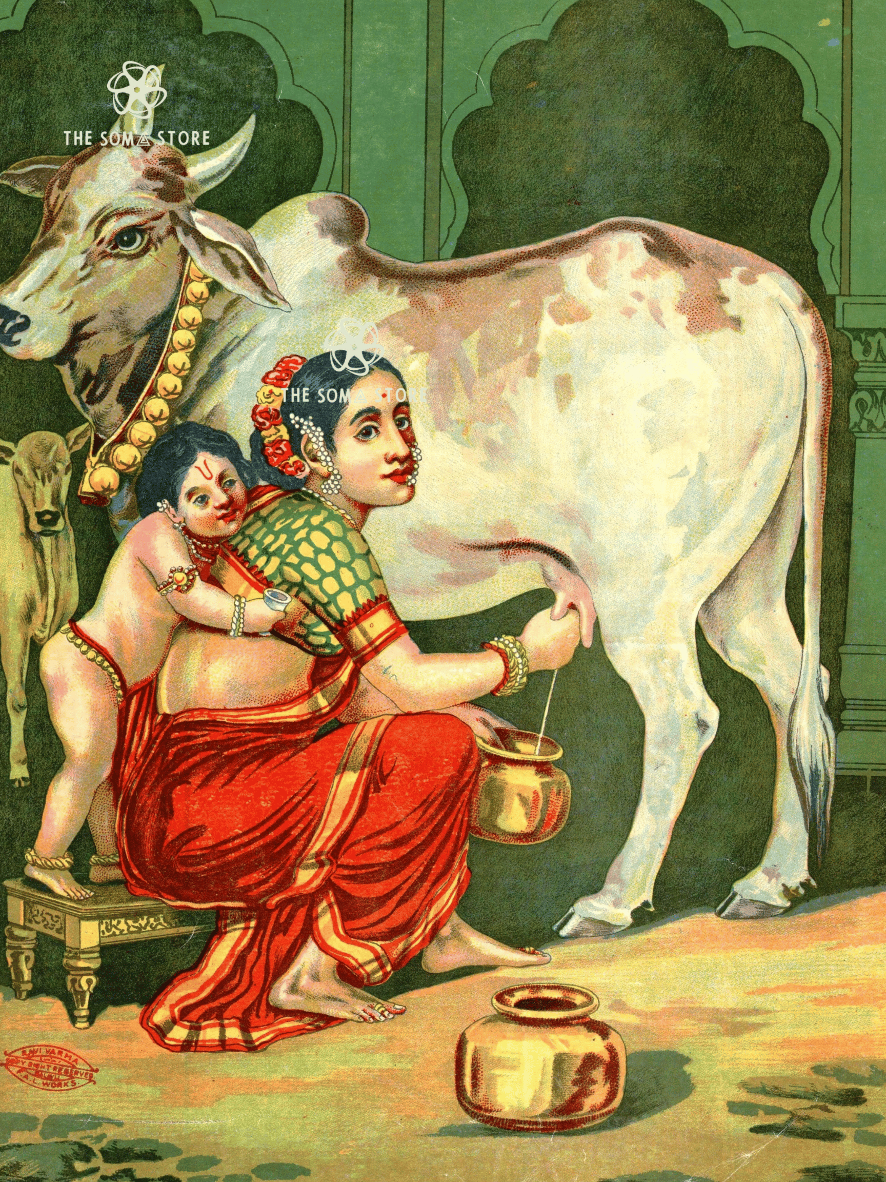 Krishna Begging for Milk - Yashoda in the Cowherd’s Courtyard (18 × 24 in Poster)