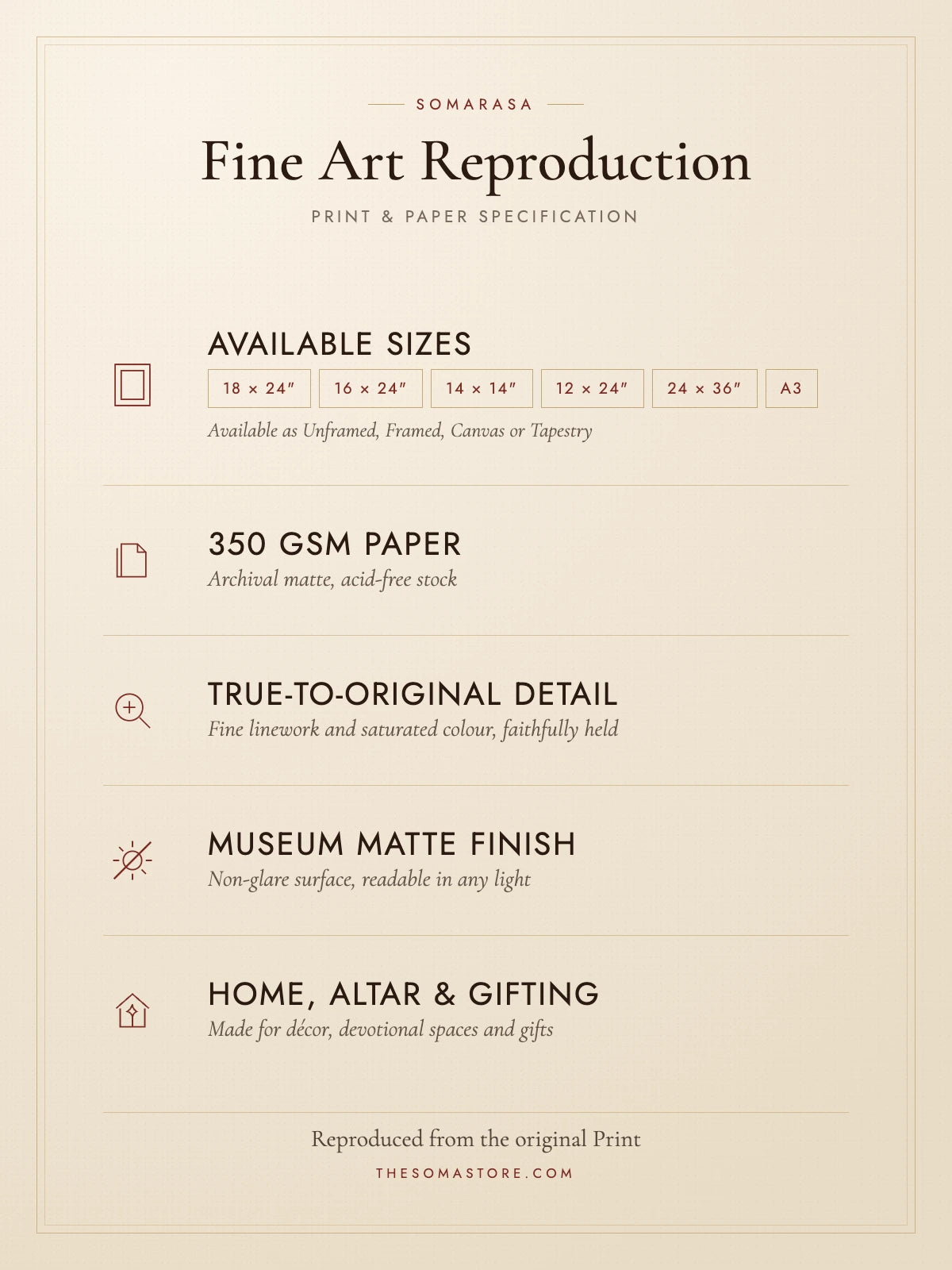 Beige colour cad with all the necessary informations about posters that are live on The Soma Store Website.