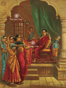 A vintage-style painting depicting a court scene with several women in colorful traditional garments standing before a seated man in a red robe, with a green curtain and architectural arches in the background. The image includes repeated 'THE SOMA STORE' watermarks and a small artist signature in the lower right.

Gopinchin - Raja Ravi Varma Puranic Painting (18 × 24 in Poster)